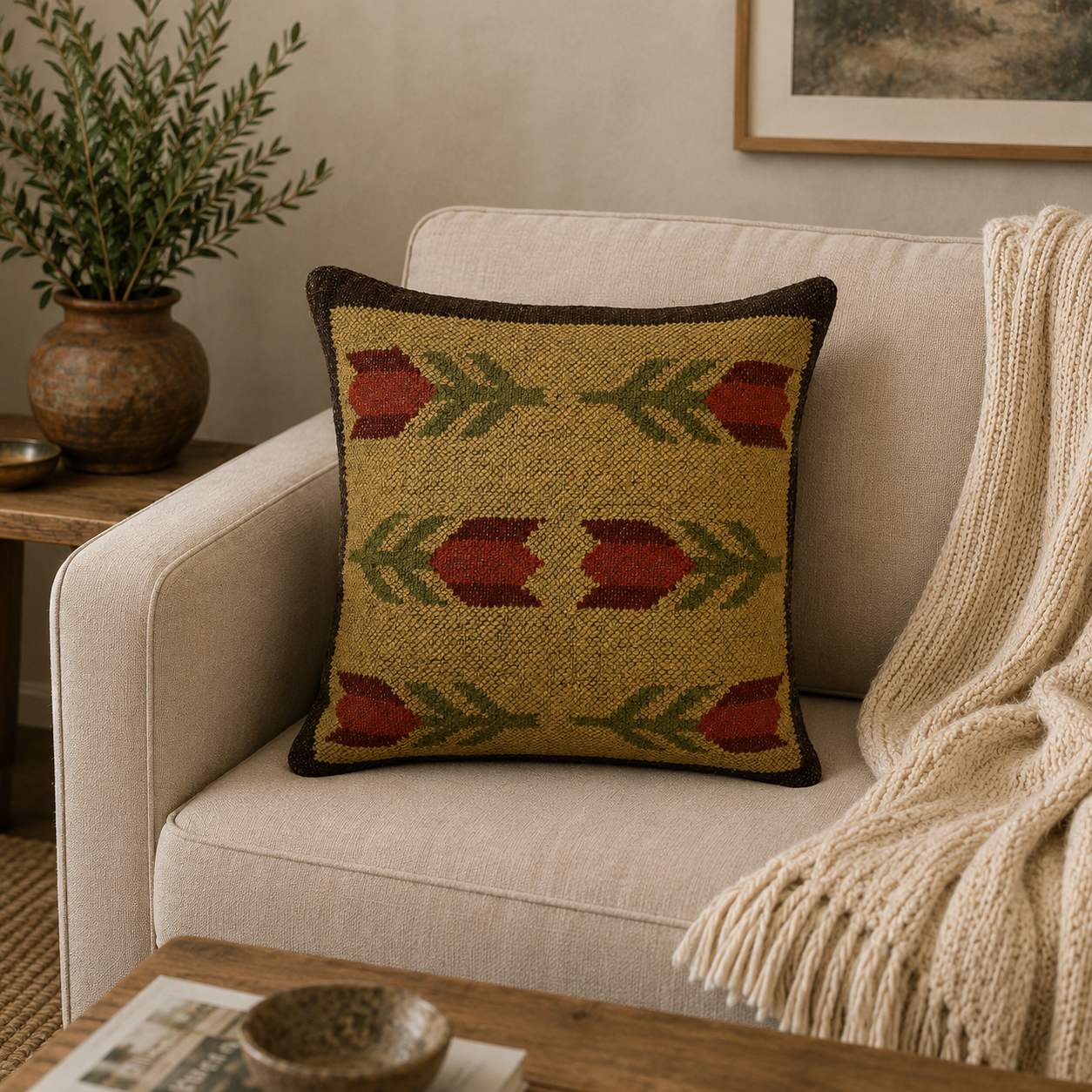 Cream & Mustard Star Kilim Cushion Cover | Boho Geometric Woven Pillow | Aztec Tribal Décor